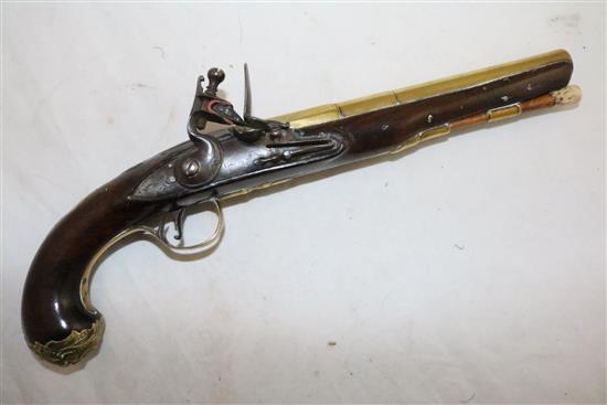 A late 18th century brass barrelled flintlock holster pistol, 14in.